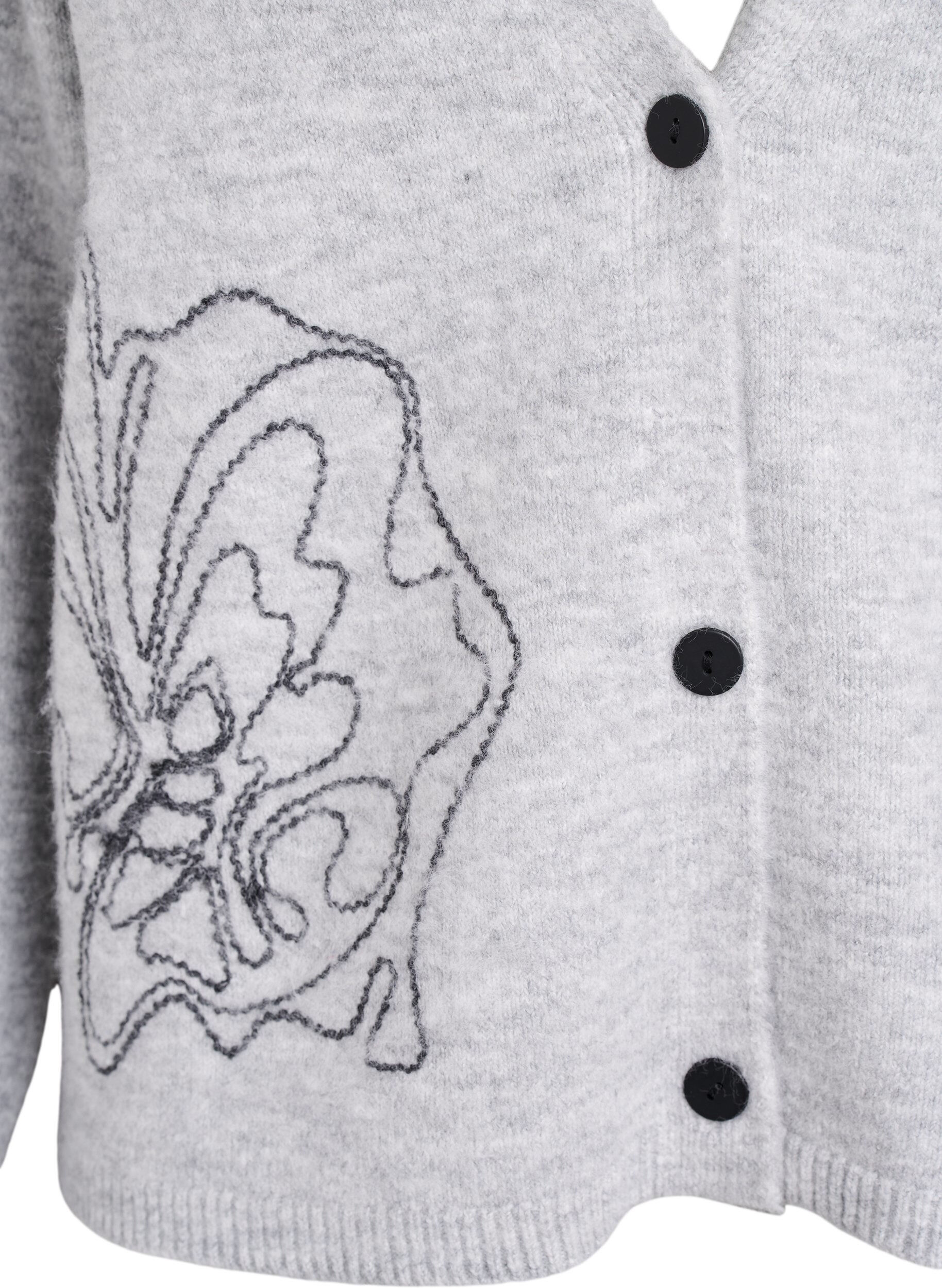 ZizziCardigan met V-hals en geborduurde bloemen, Grijs, Packshot image number 2