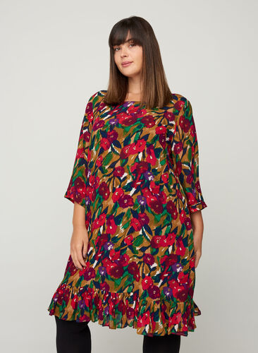 Viscose jurk met print, Olive Green AOP, Model image number 0