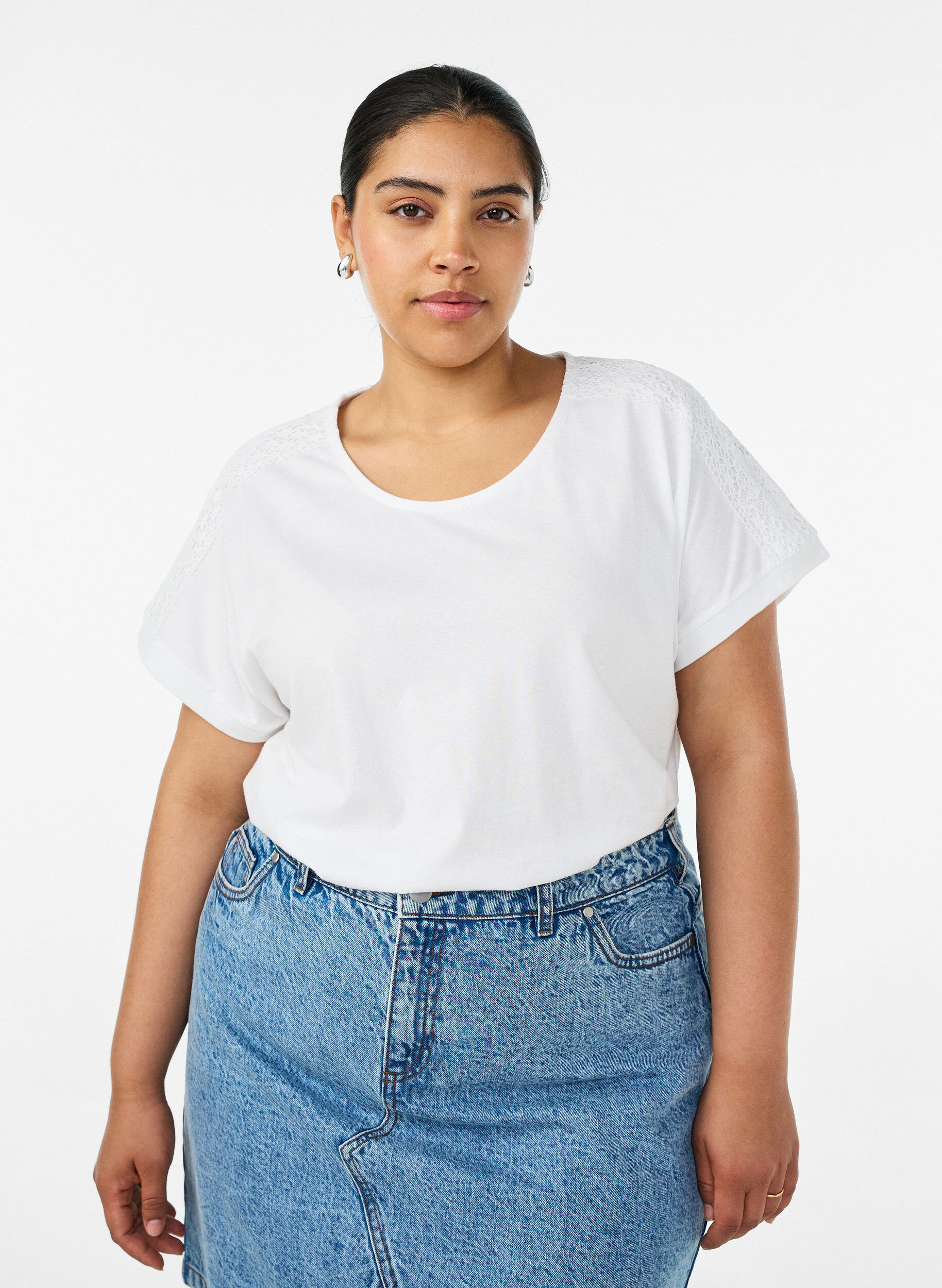 ZizziKatoenen T-shirt met haakdetail, Wit, Model image number 0
