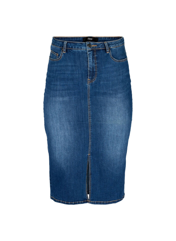 Denim midi-rok met split, Blauw, Packshot image number 0