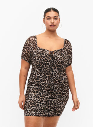 Korte jurk van mesh met luipaardprint, Leo, Model image number 0
