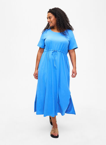 Katoenen midi-jurk met korte mouwen, Marina SOLID, Model image number 0