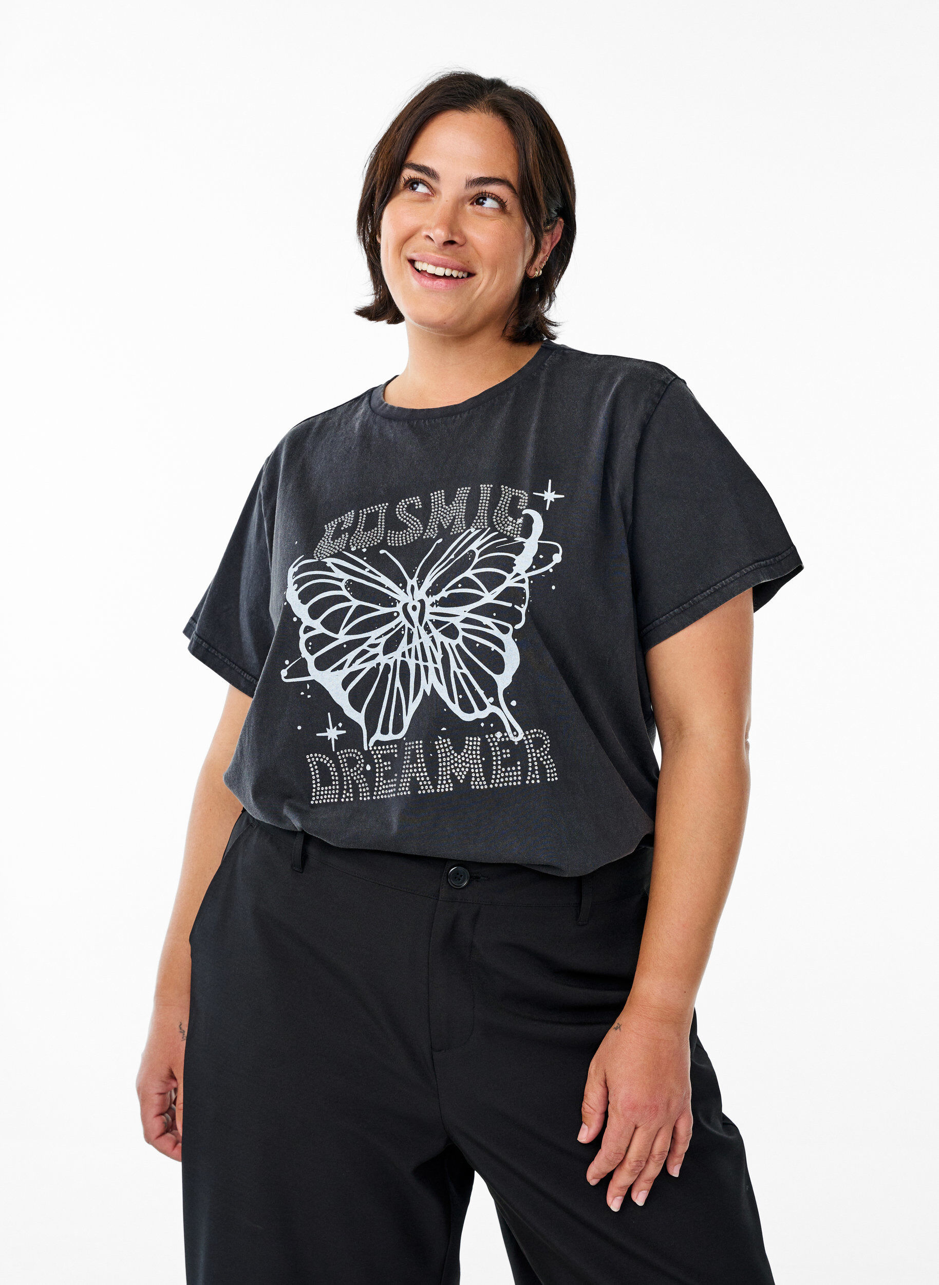 Biologisch katoenen T-shirt met strass en vlinder motief, Grijs, Model