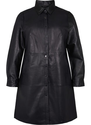 Robe en cuir à manches longues et fermeture à boutons, Black, Packshot image number 0