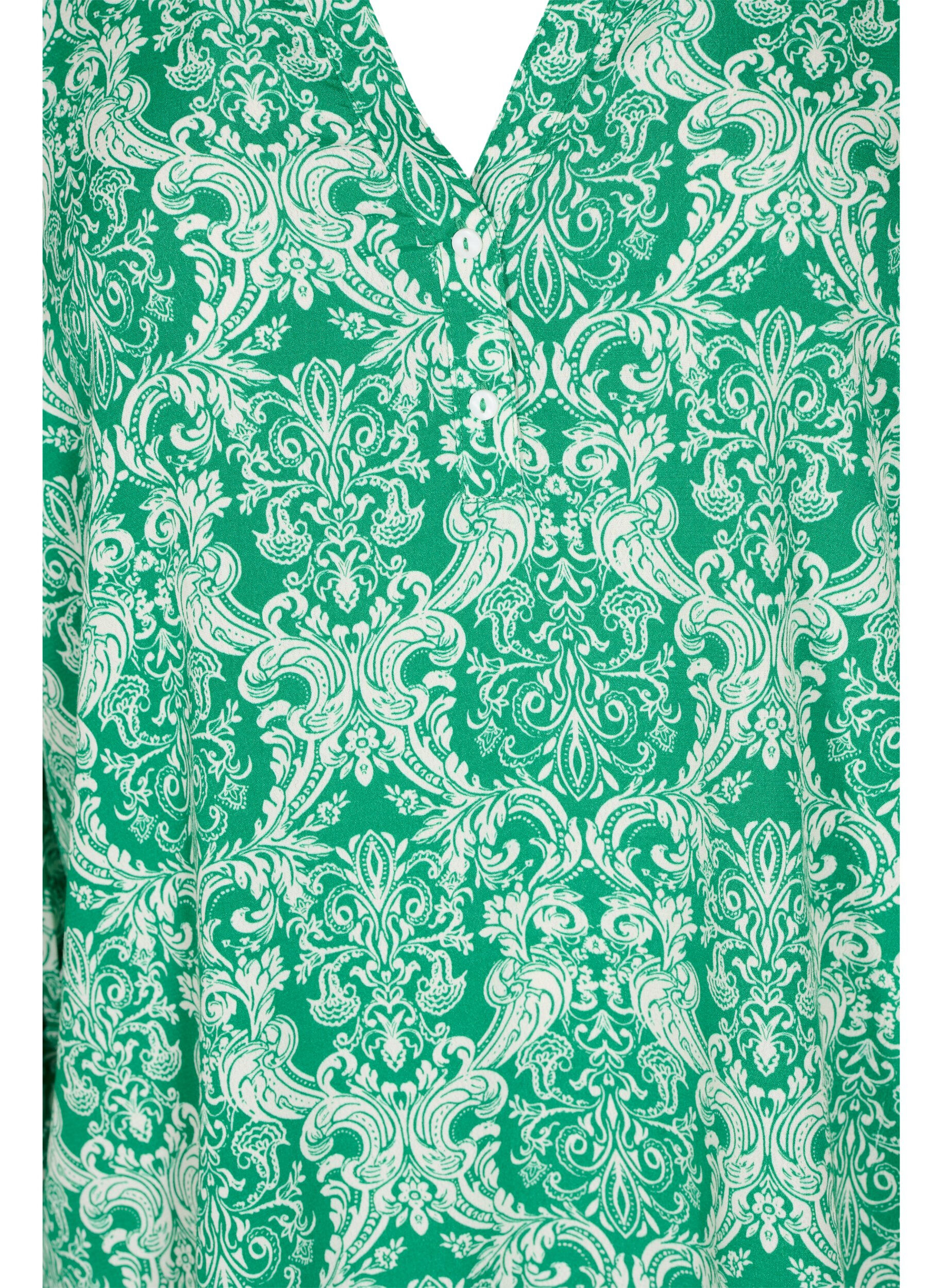 Zizzi Blouse en viscose imprim&eacute;e avec smock, Jolly Green Oriental, Packshot image number 2
