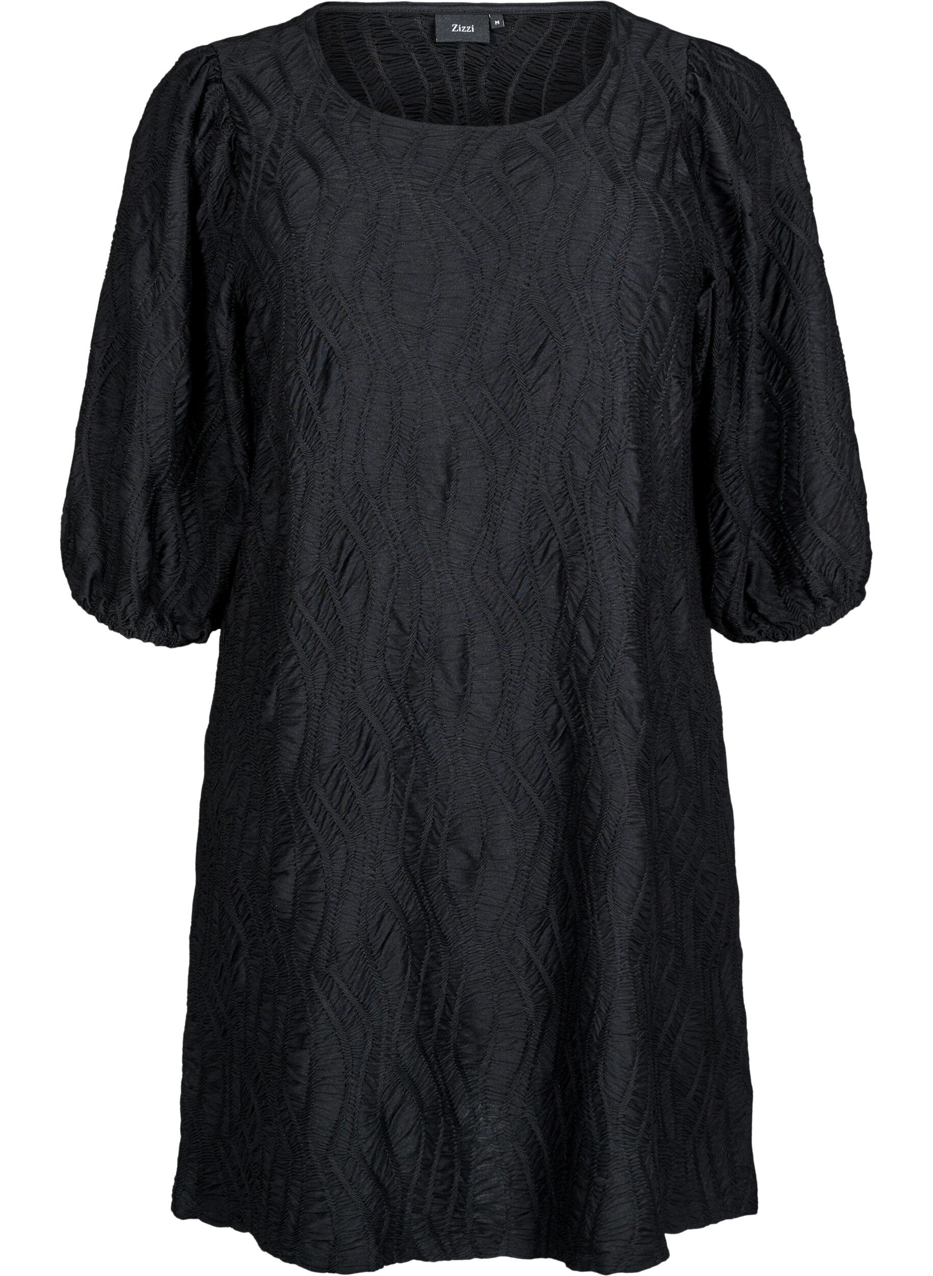 ZizziKorte jurk met structuur en 3/4 mouwen, Zwart, Packshot image number 0