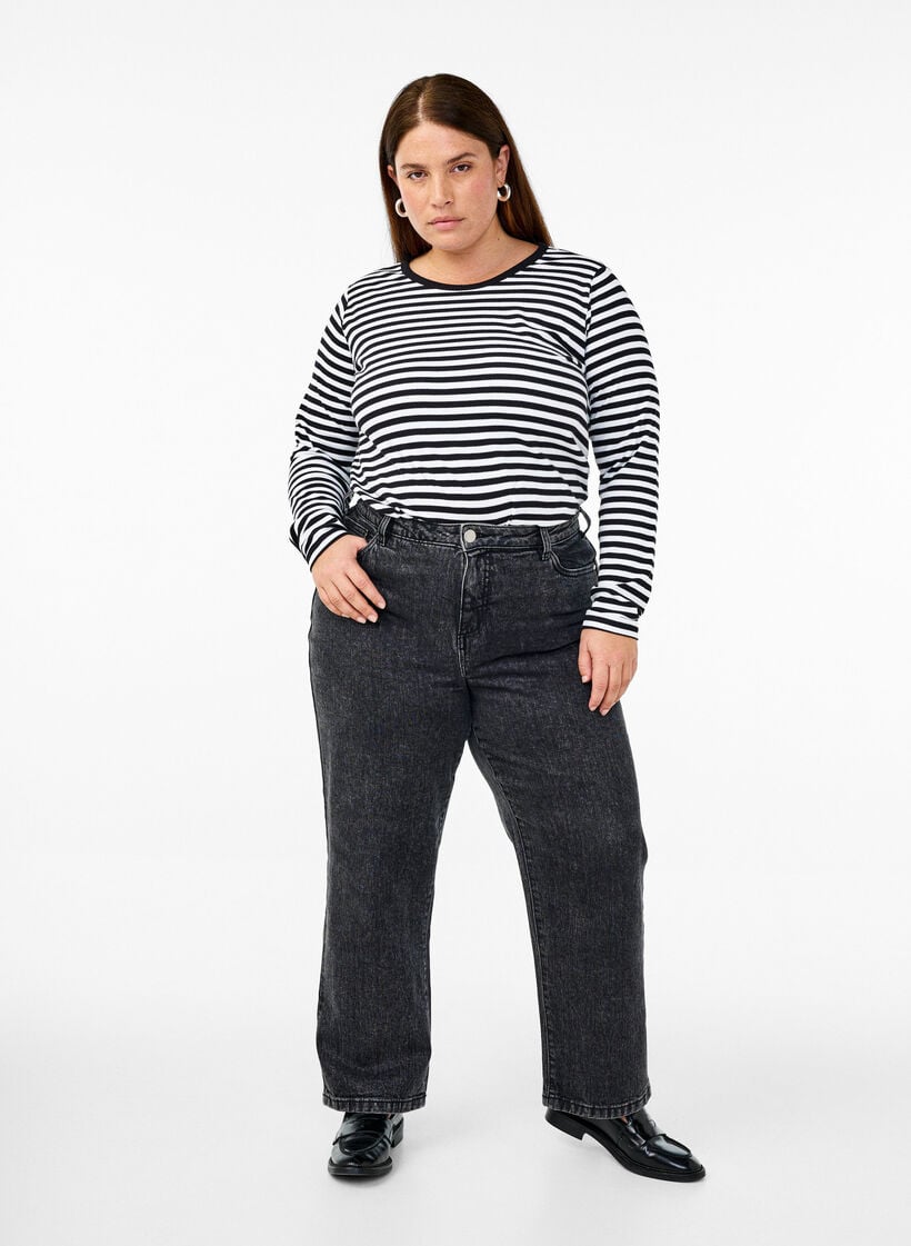 Gestreepte blouse met lange mouwen, Zwart, Model image number 1