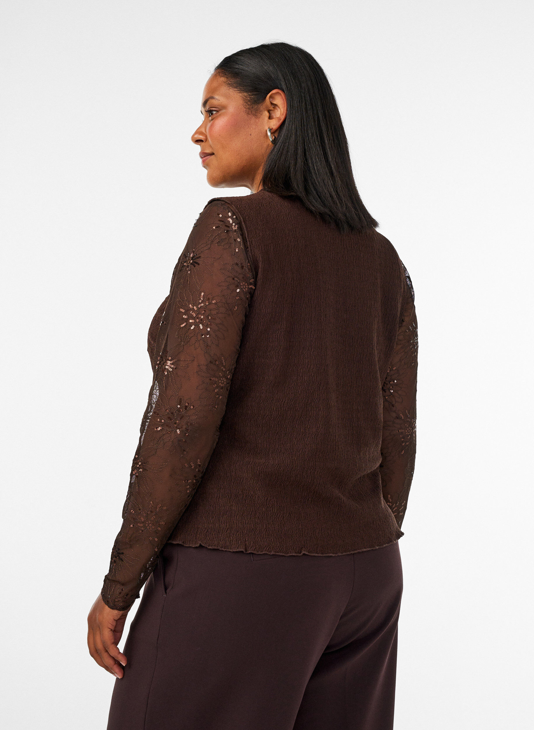 ZizziBlouse en mesh avec fleurs et sequins, Marron, Model image number 2