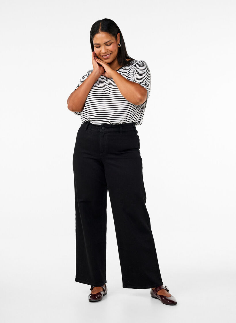 Jeans met hoge taille en wijde pijpen, Zwart, Model image number 0