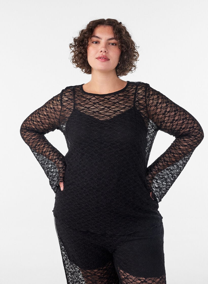 Blouse en dentelle transparente avec manches longues, Noir, Model image number 0