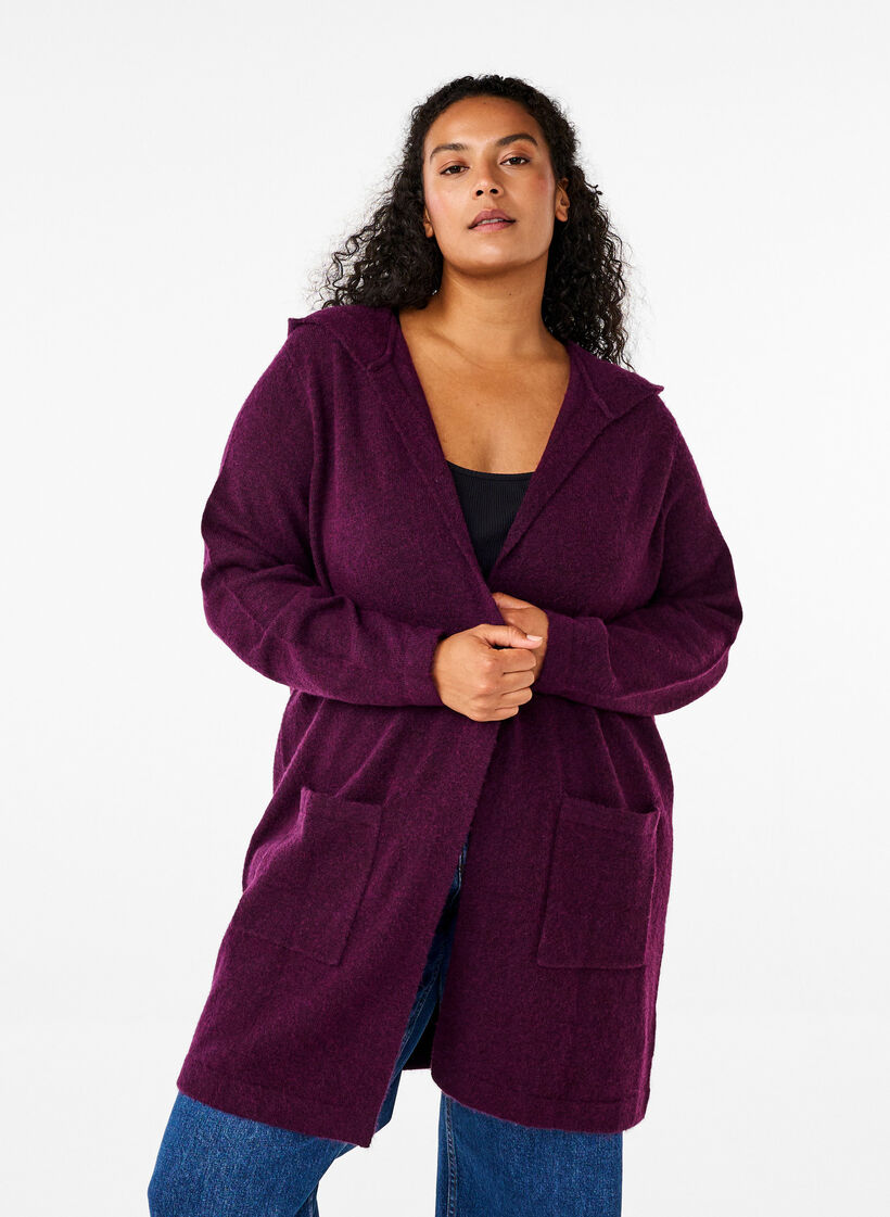 Lang gebreid vest met wol en capuchon, Potent Purple Mel., Model image number 0