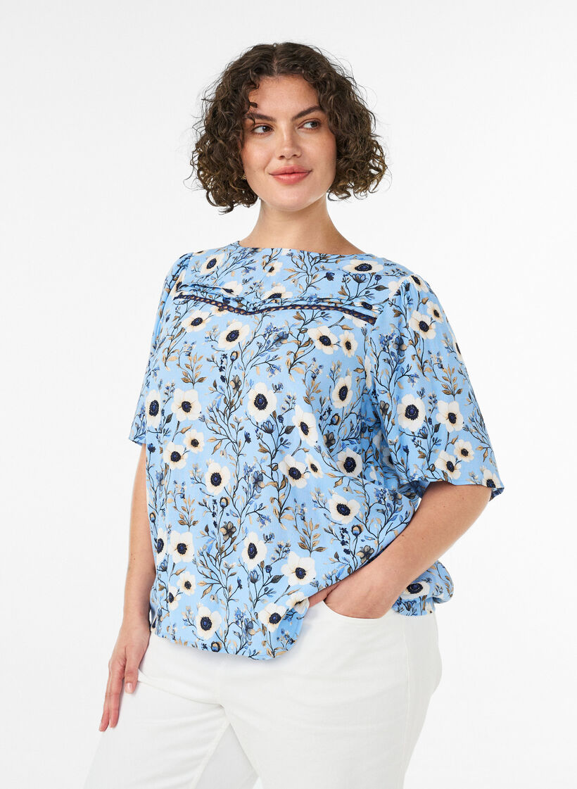 Bloemenblouse met korte mouwen, Blauw, Model image number 0