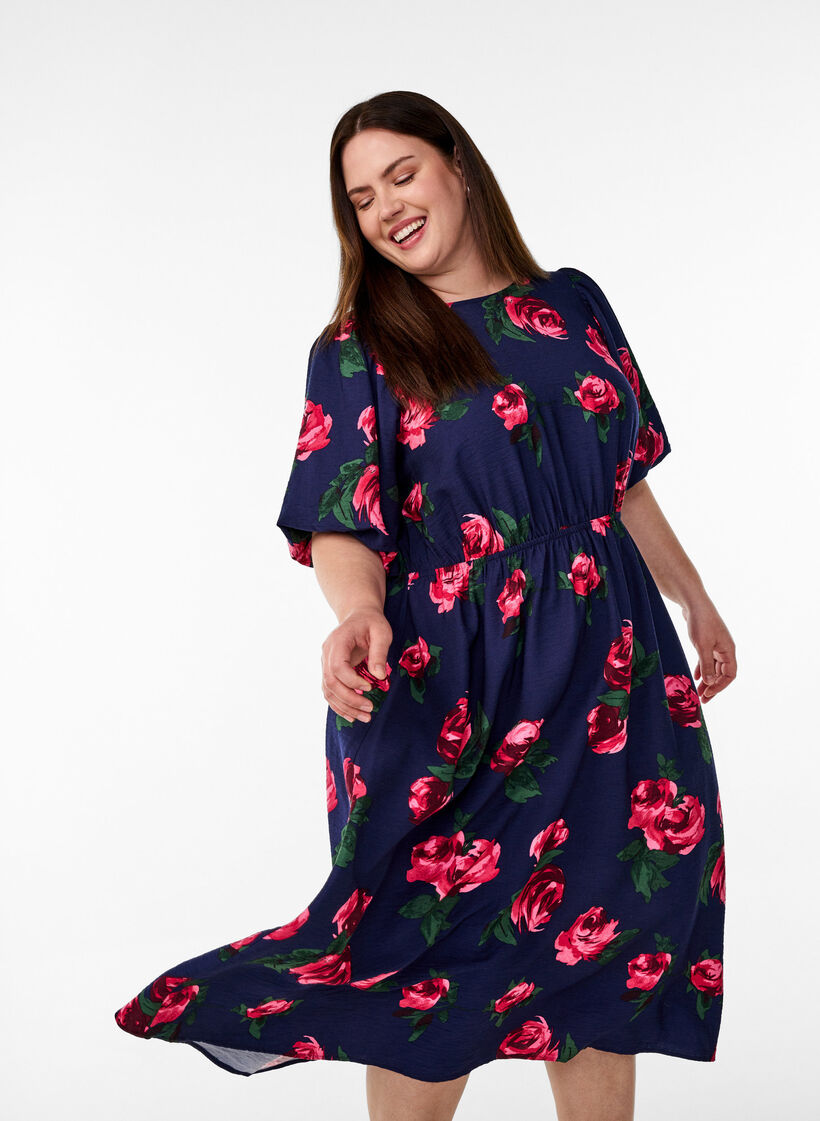 Midi-jurk met rozenprint en korte ballonmouwen, Blauw, Model image number 3