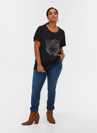 T-shirt in biologisch katoen met steentjes, Black , Model image number 2