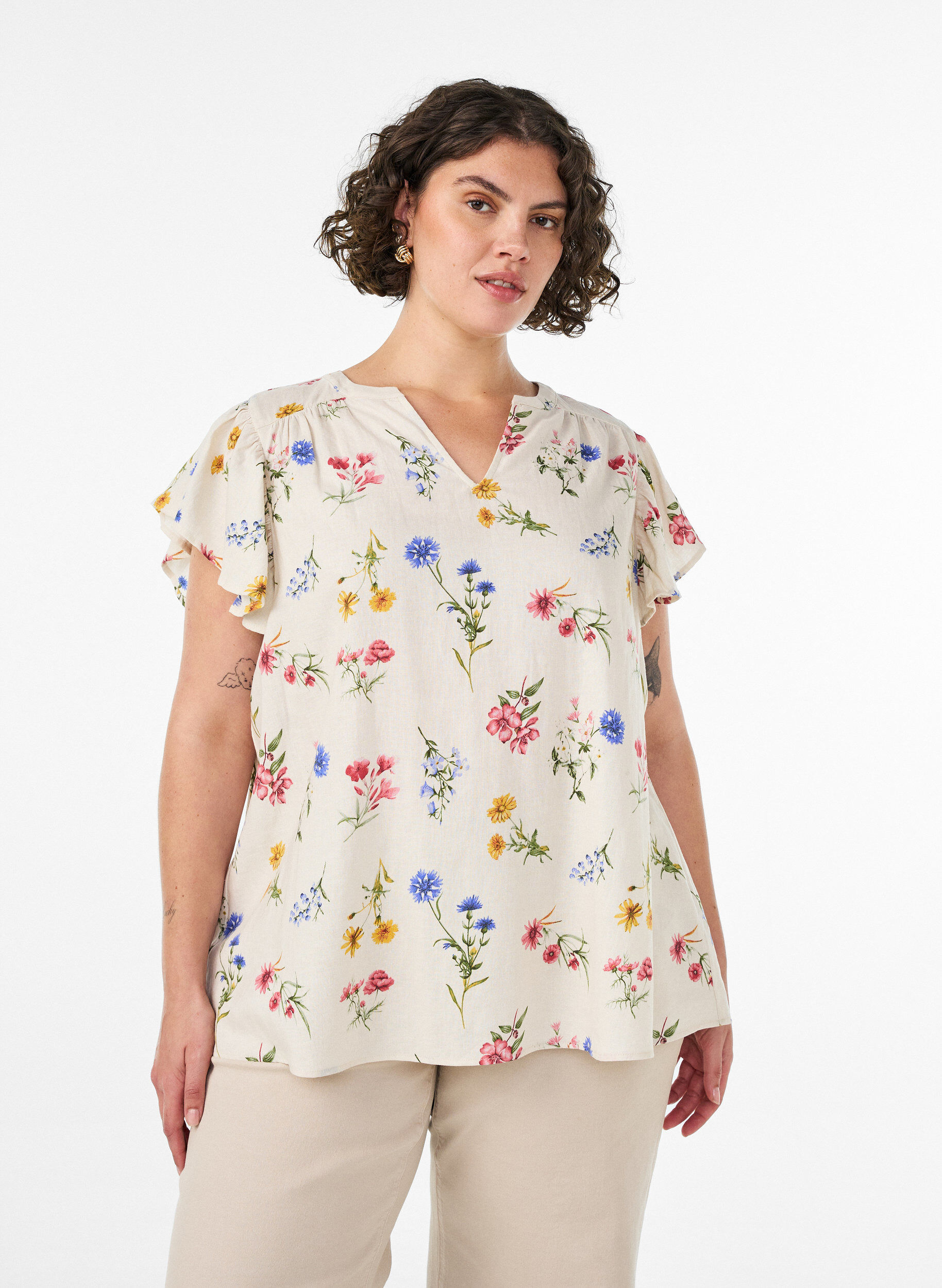 ZizziViscose en linnen blouse met ruches aan de mouwen, Beige, Model image number 0