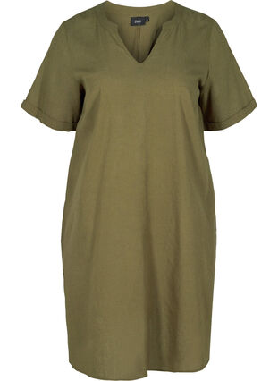 Robe à manches courtes en coton mélangé avec du lin, Ivy Green, Packshot image number 0