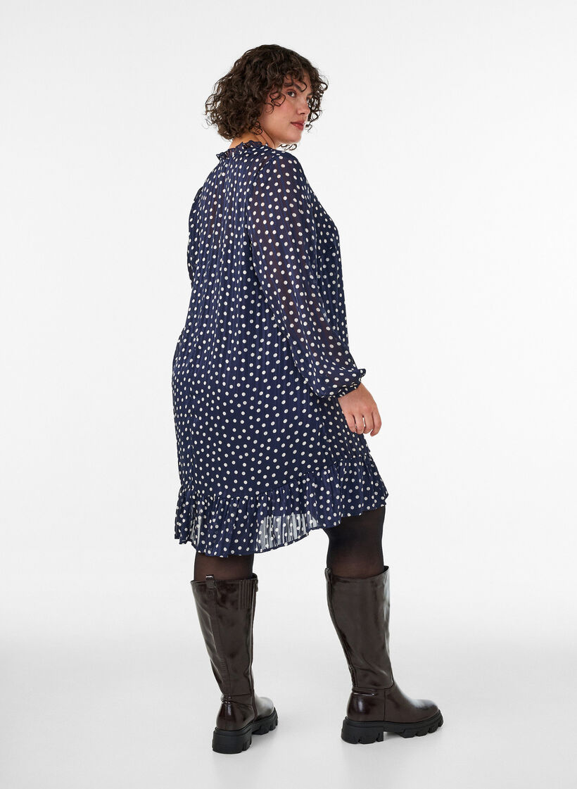 Jurk met patroon, ruches en lange mouwen, Blauw, Model image number 2