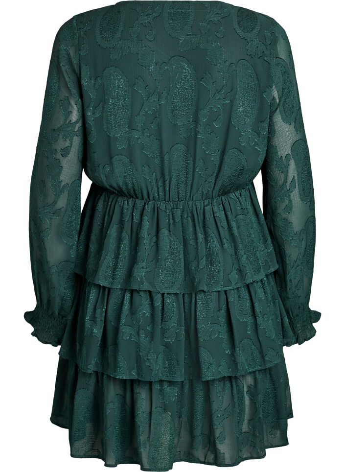 Korte jurk met ruches en een textuurpatroon, Groen, Packshot image number 1