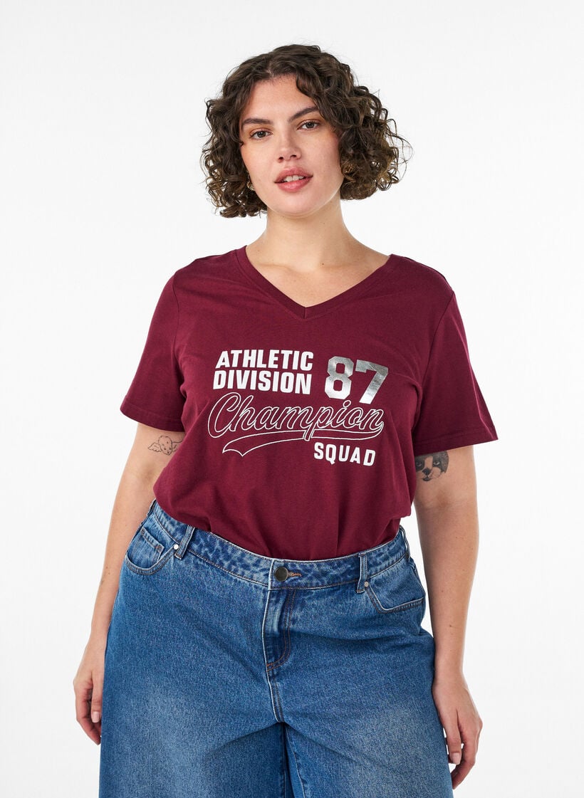 T-shirt en coton bio avec un imprim&eacute; texte sportif, Bordeaux, Model image number 0