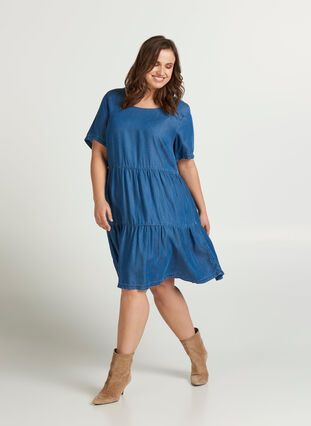 Denim jurk met korte mouwen en plooien, Medium Blue, Model image number 2