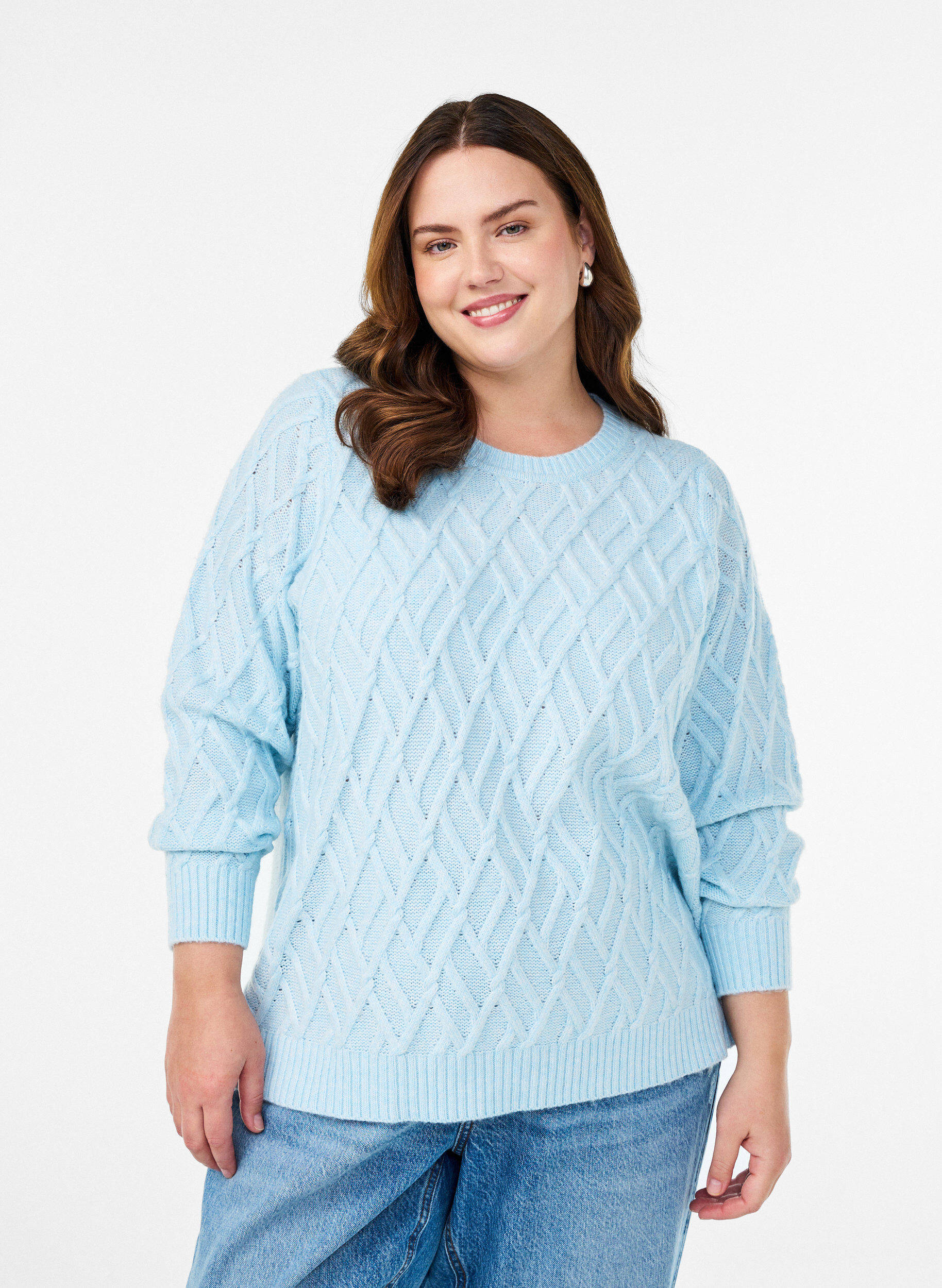 Blouse en maille avec motif torsad&eacute; et col rond, Bleu Clair, Model