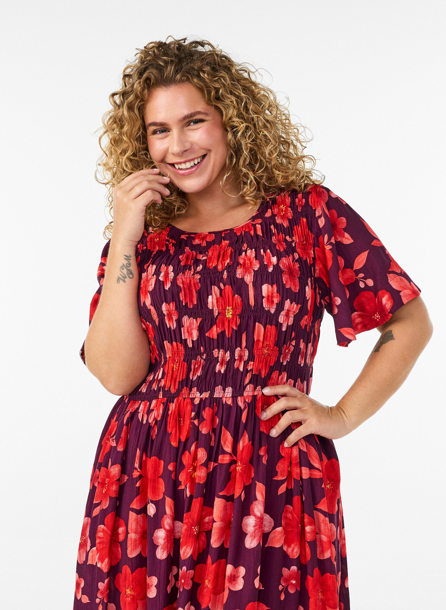 ZizziJurk met smokwerk en bloemenprint, Paars, Model image number 2