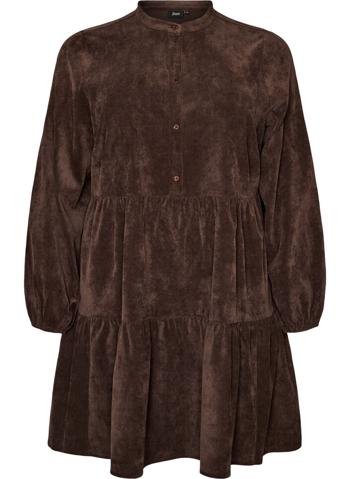 Corduroy jurk met A-lijn en opstaande kraag, Bruin, Packshot image number 0
