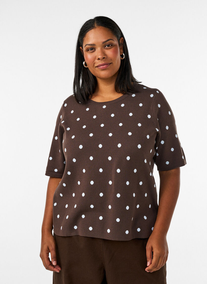 Gebreide blouse met korte mouwen en stippen, Bruin, Model image number 0