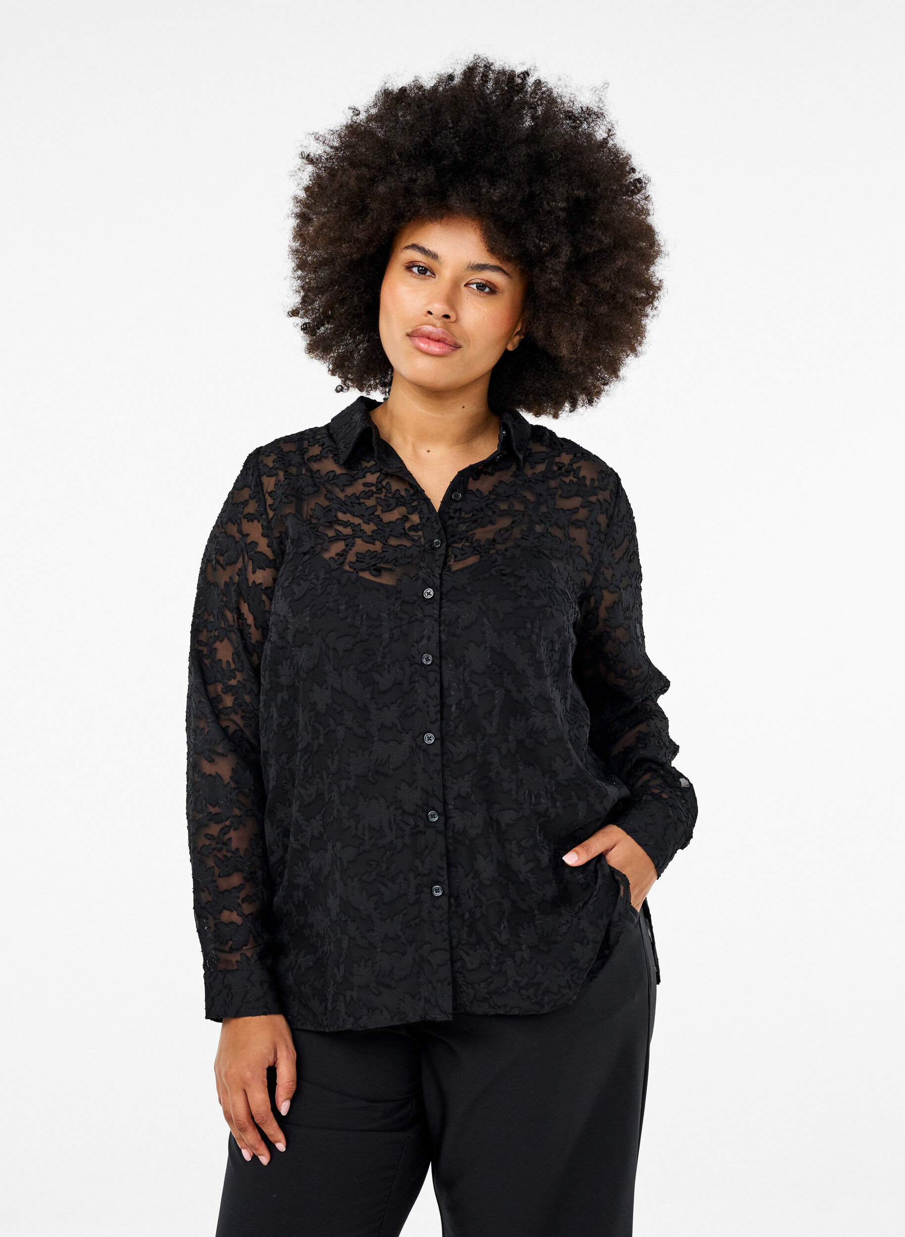 ZizziJacquard overhemd met knopen, Black, Model image number 0