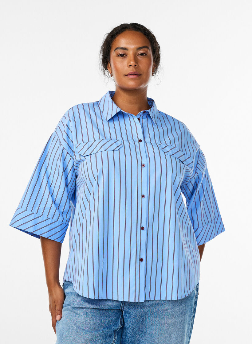 Gestreept katoenen shirt met wijde mouwen, Blauw, Model image number 0