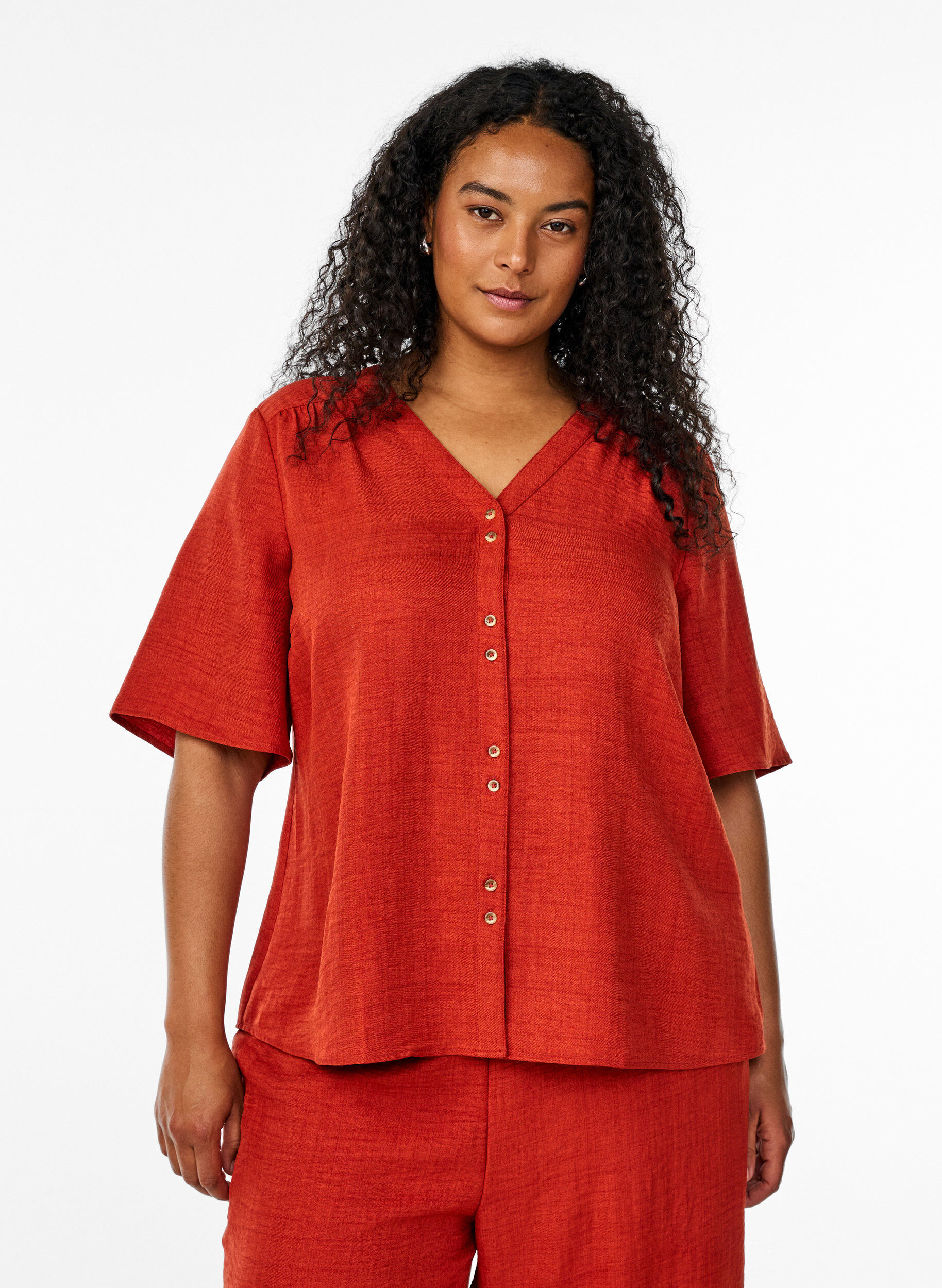 Overhemd blouse met V-hals en korte mouwen, Rood, Model