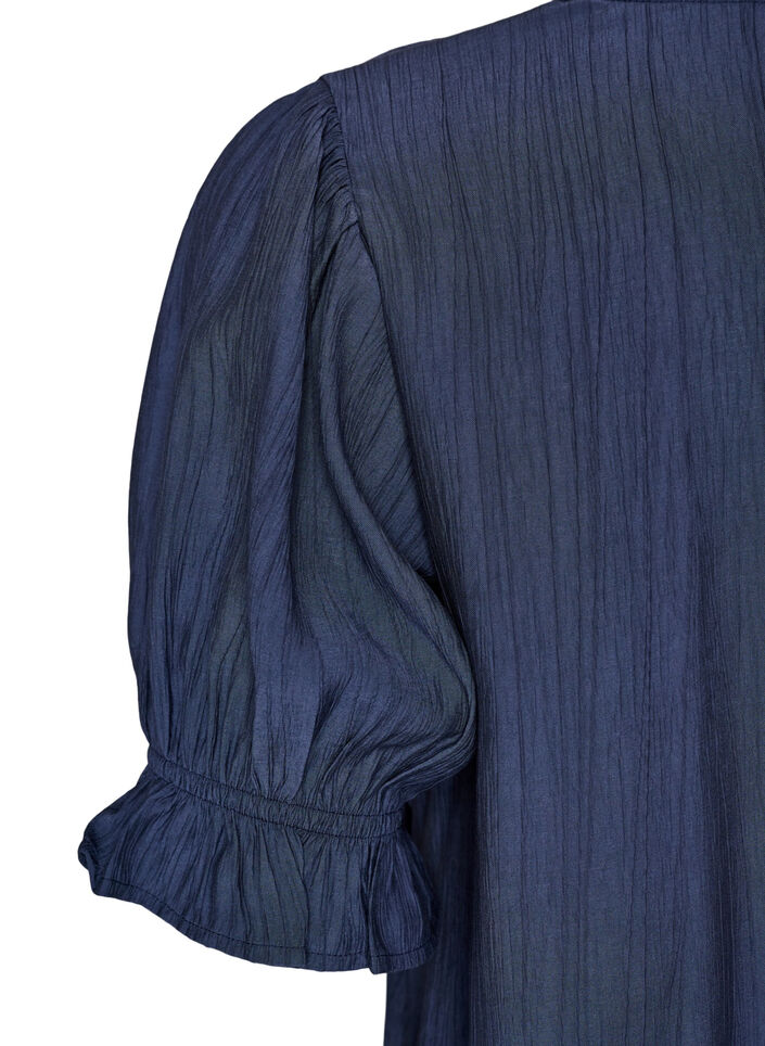 Blouse en m&eacute;lange de viscose froiss&eacute; avec un col en V, Bleu, Packshot image number 3