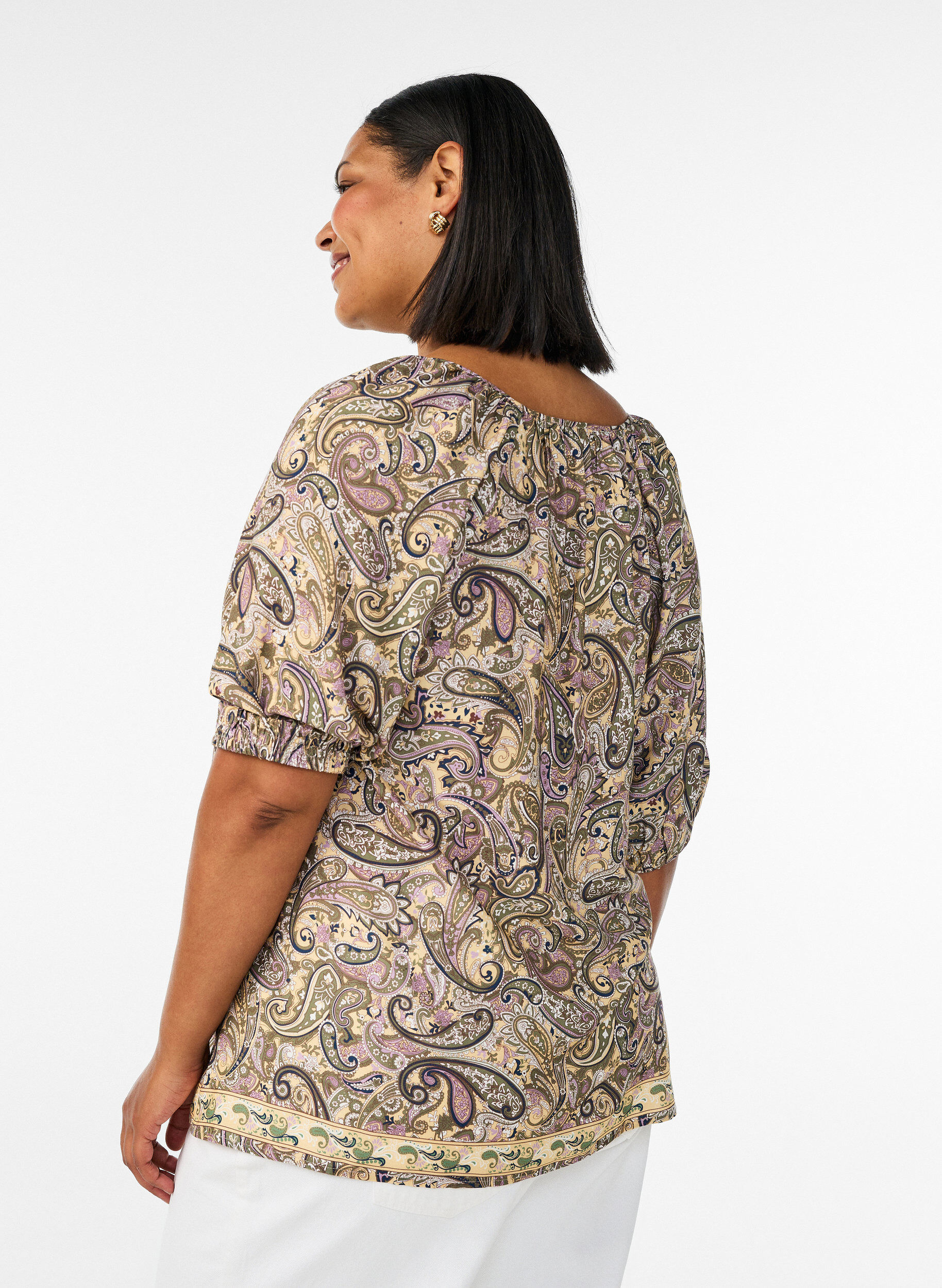 ZizziViscose blouse met paisleyprint en strikkoord, Geel, Model image number 2