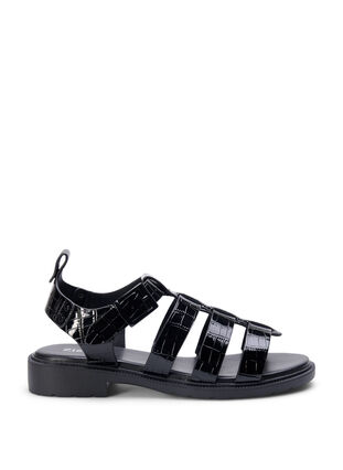 Sandaal van glanzend krokodillenleer met wijde pasvorm, Black, Packshot image number 0