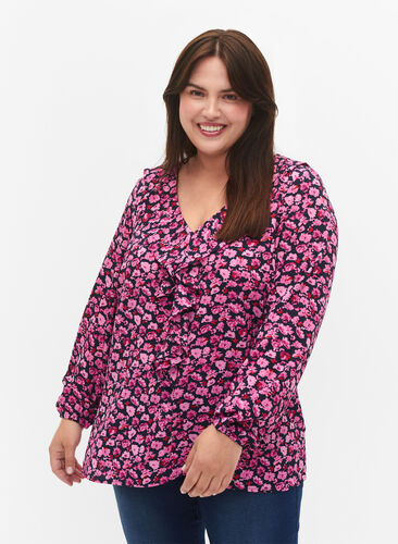 Bedrukte blouse met ruches, Navy Purple AOP, Model image number 0