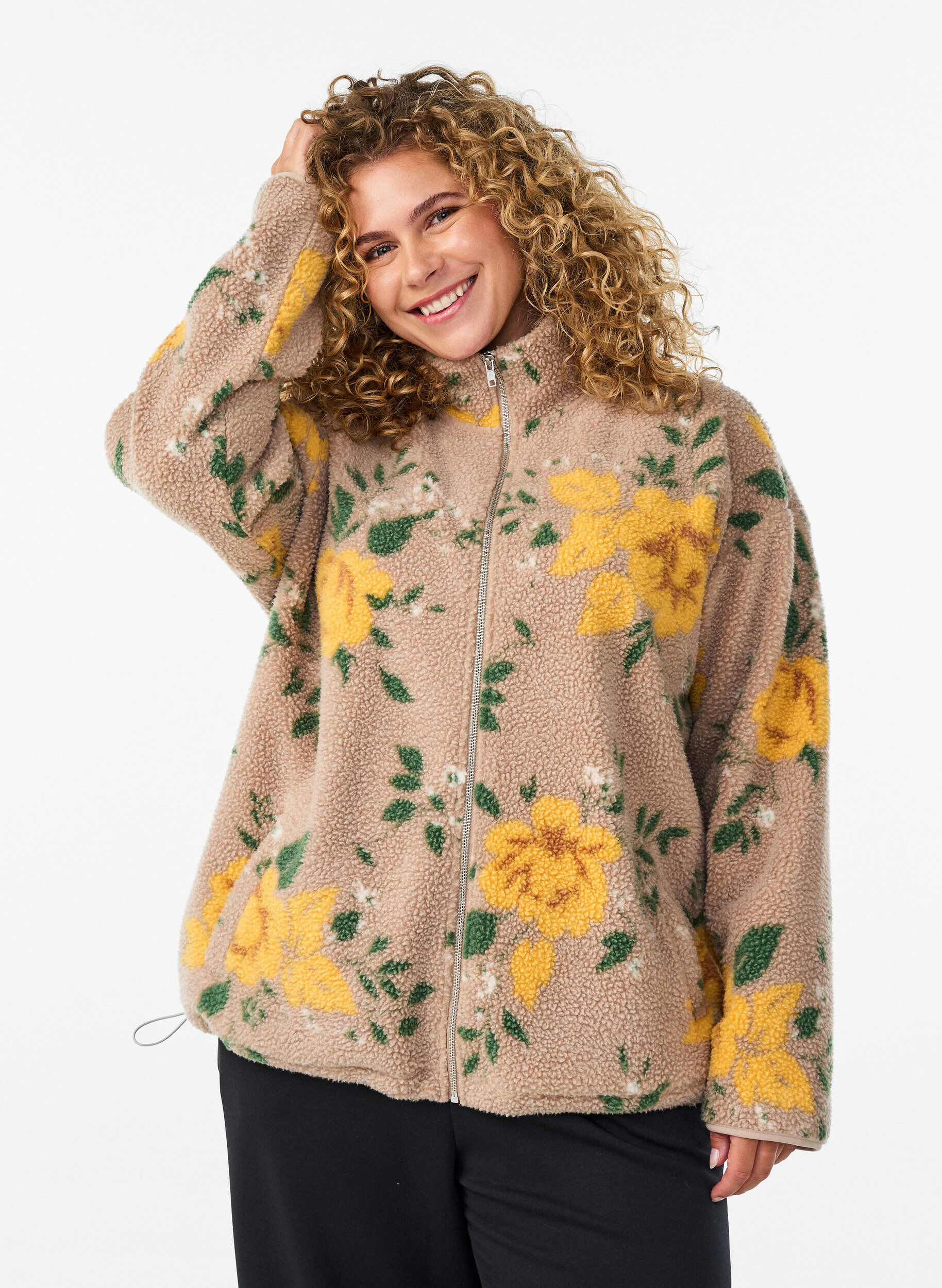 ZizziFloral fleecejack met een hoogsluitende kraag en ritssluiting, Beige, Model image number 0