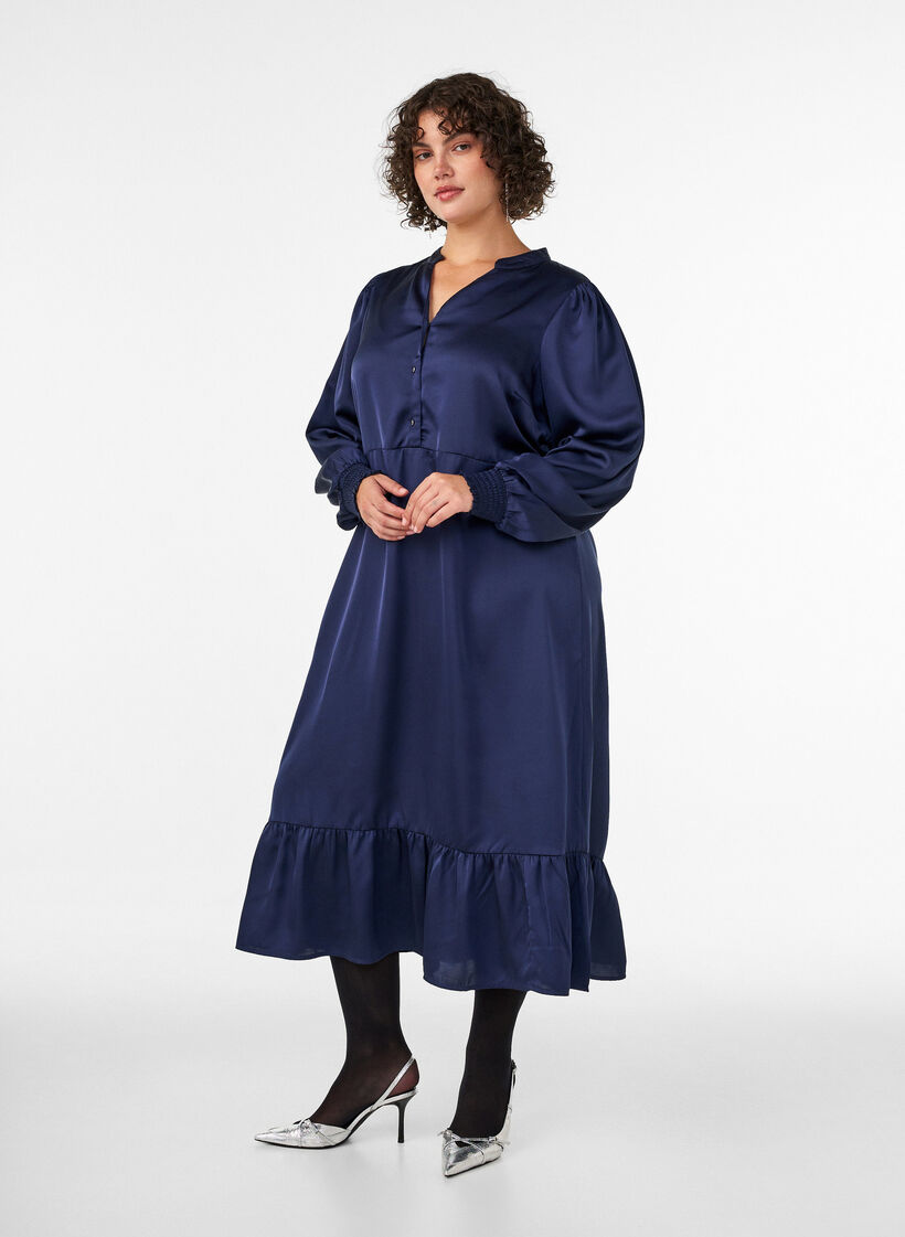 Robe en satin avec manches longues et col en V, Bleu, Model image number 0
