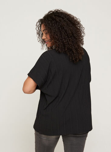 T-shirt met korte mouwen en ribstof, Black, Model image number 1