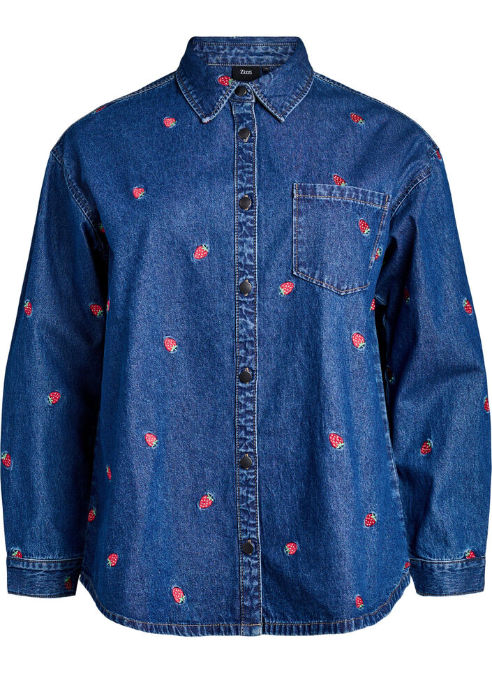 Denim shirt met geborduurde aardbeien, Blauw, Packshot image number 0