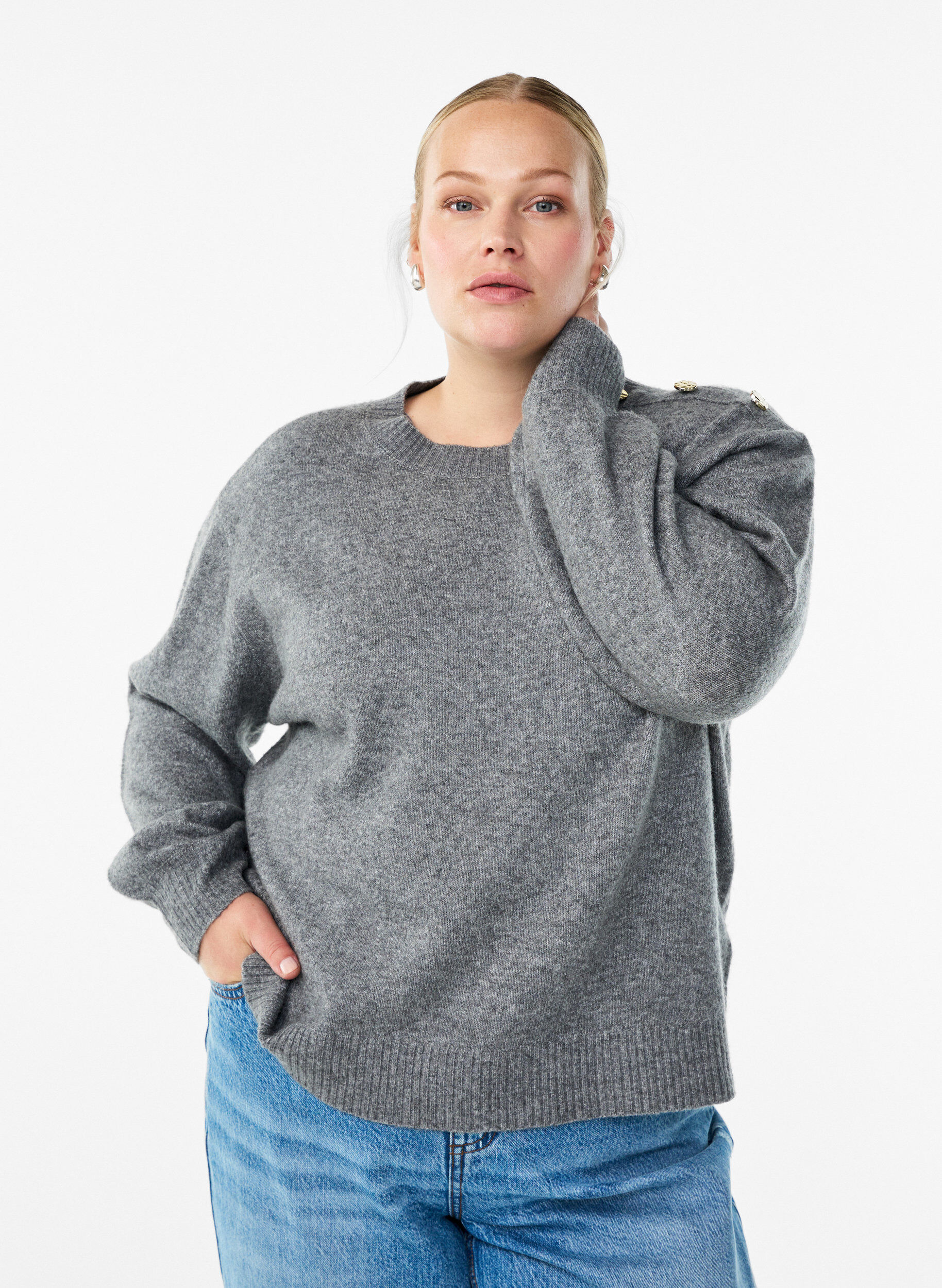 Breisel blouse met knoopdetail, Grijs, Model