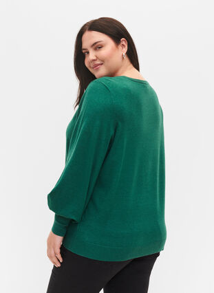 Gebreide blouse van viscose met ballonmouwen, Evergreen Mel., Model image number 1