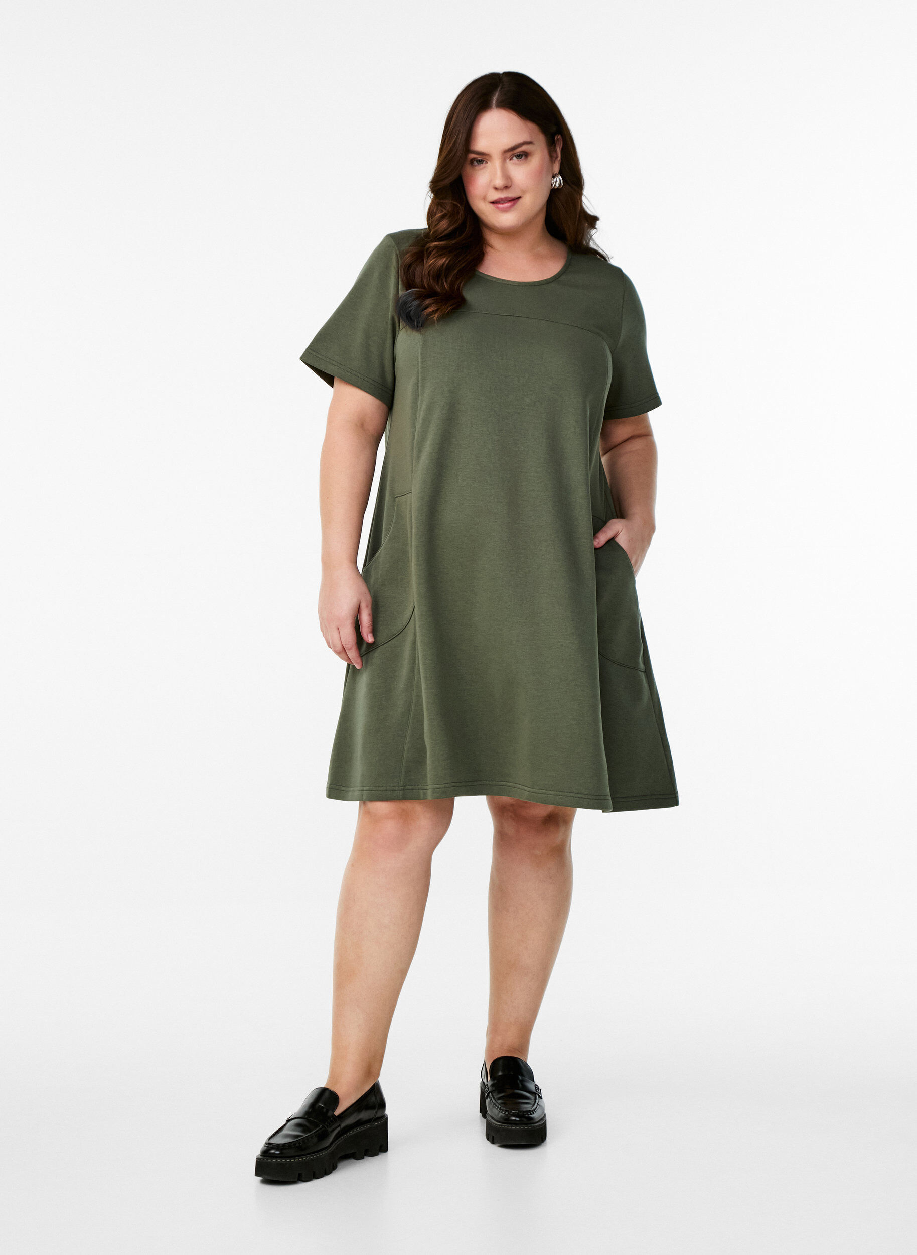 ZizziJersey jurk met korte mouwen en zakken, Groen, Model image number 1