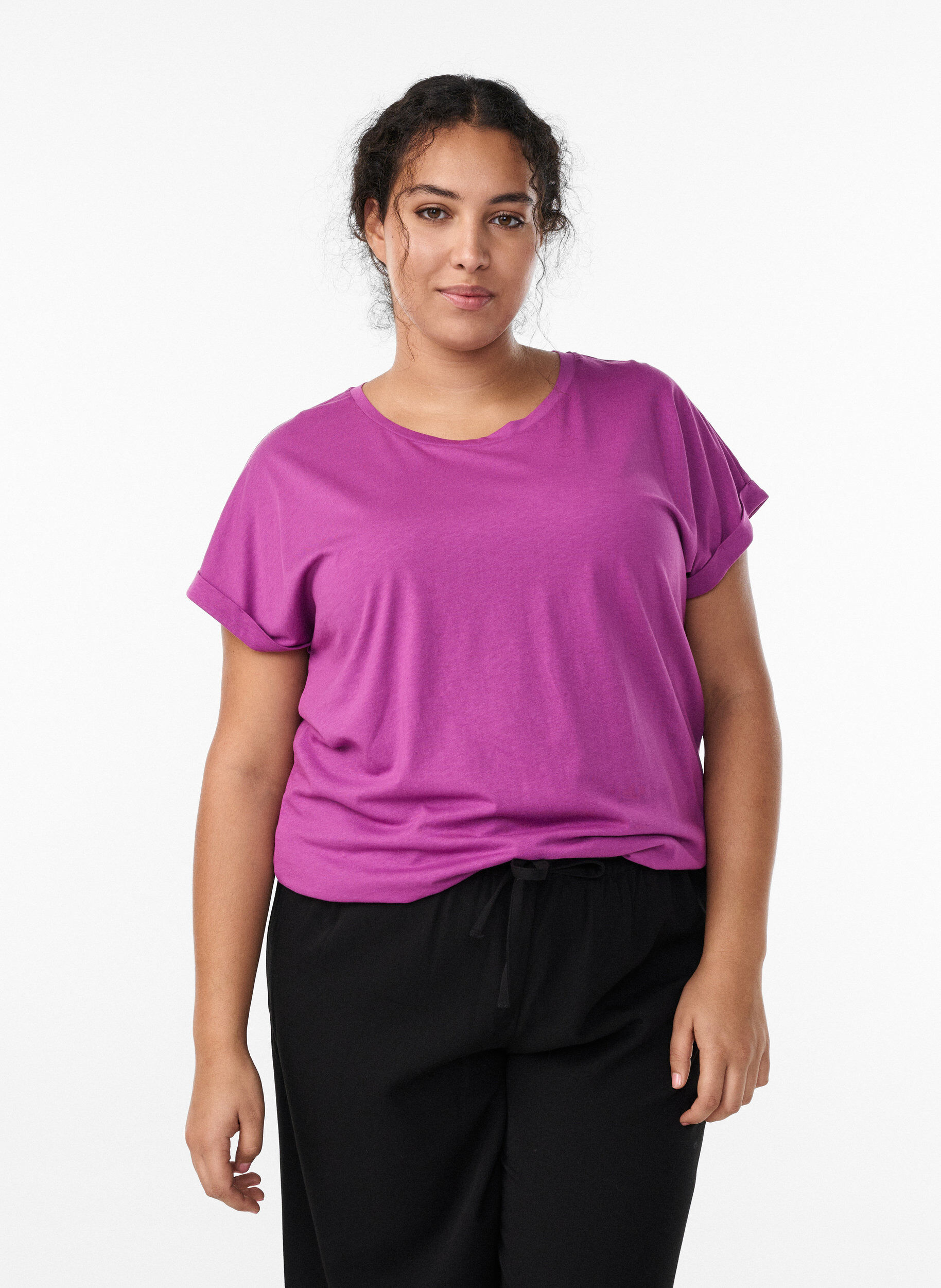 T-shirt met korte mouwen in een katoenmix, Paars, Model