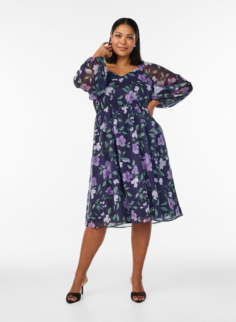Robe de soir&eacute;e en mousseline &agrave; manches longues, Bleu, Model image number 1