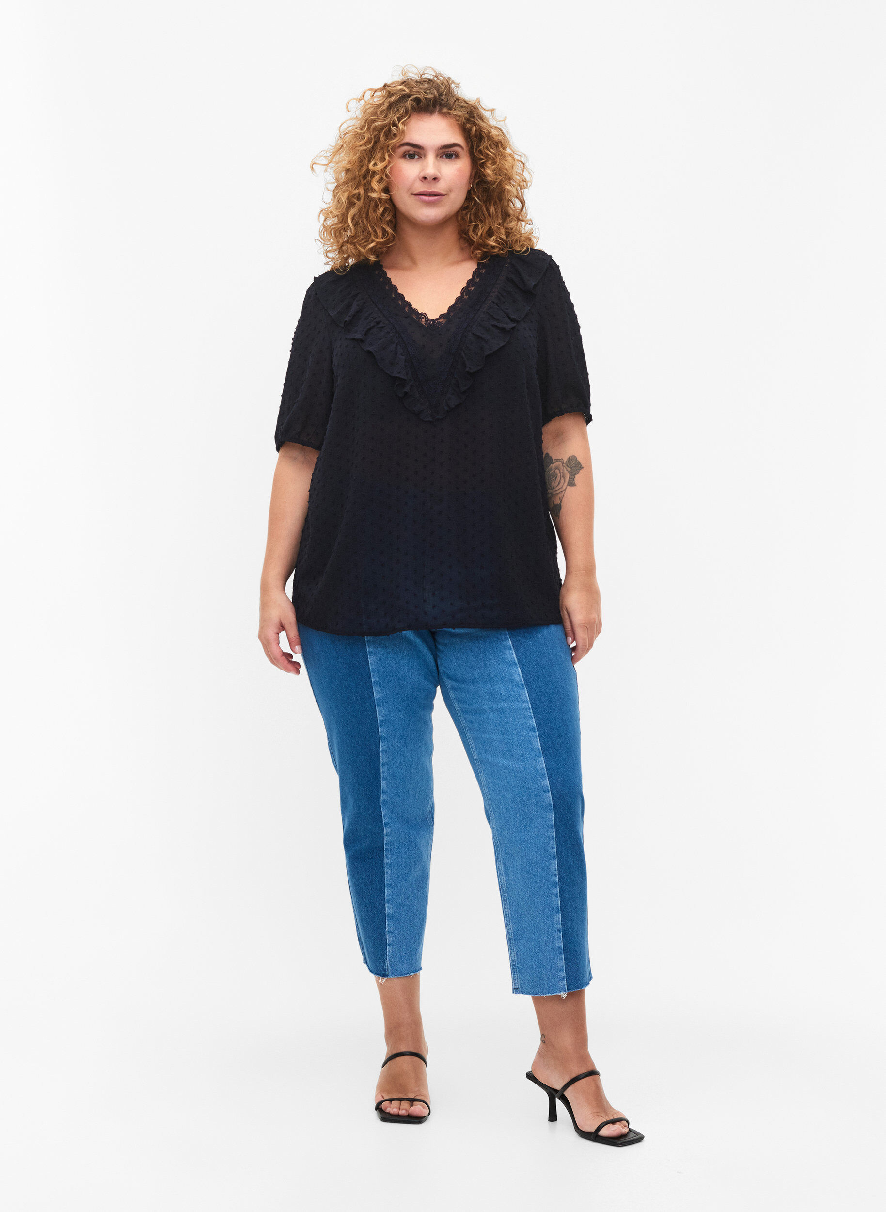 ZizziBlouse met korte mouwen en gestippelde structuur, Night Sky, Model image number 2