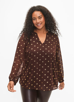 Bedrukte blouse met V-halslijn, Fudge/Gold Dots, Model image number 0