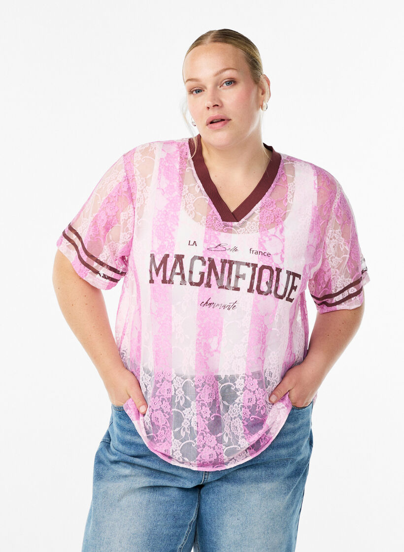 Gestreepte kanten blouse met opvallende print, Roze, Model image number 0