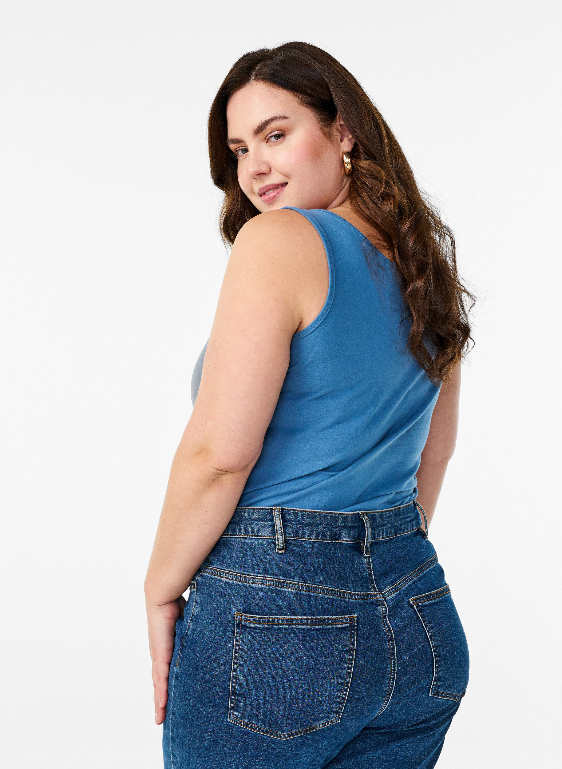 Zizzi Haut uni Basic en coton, Bleu, Model image number 2