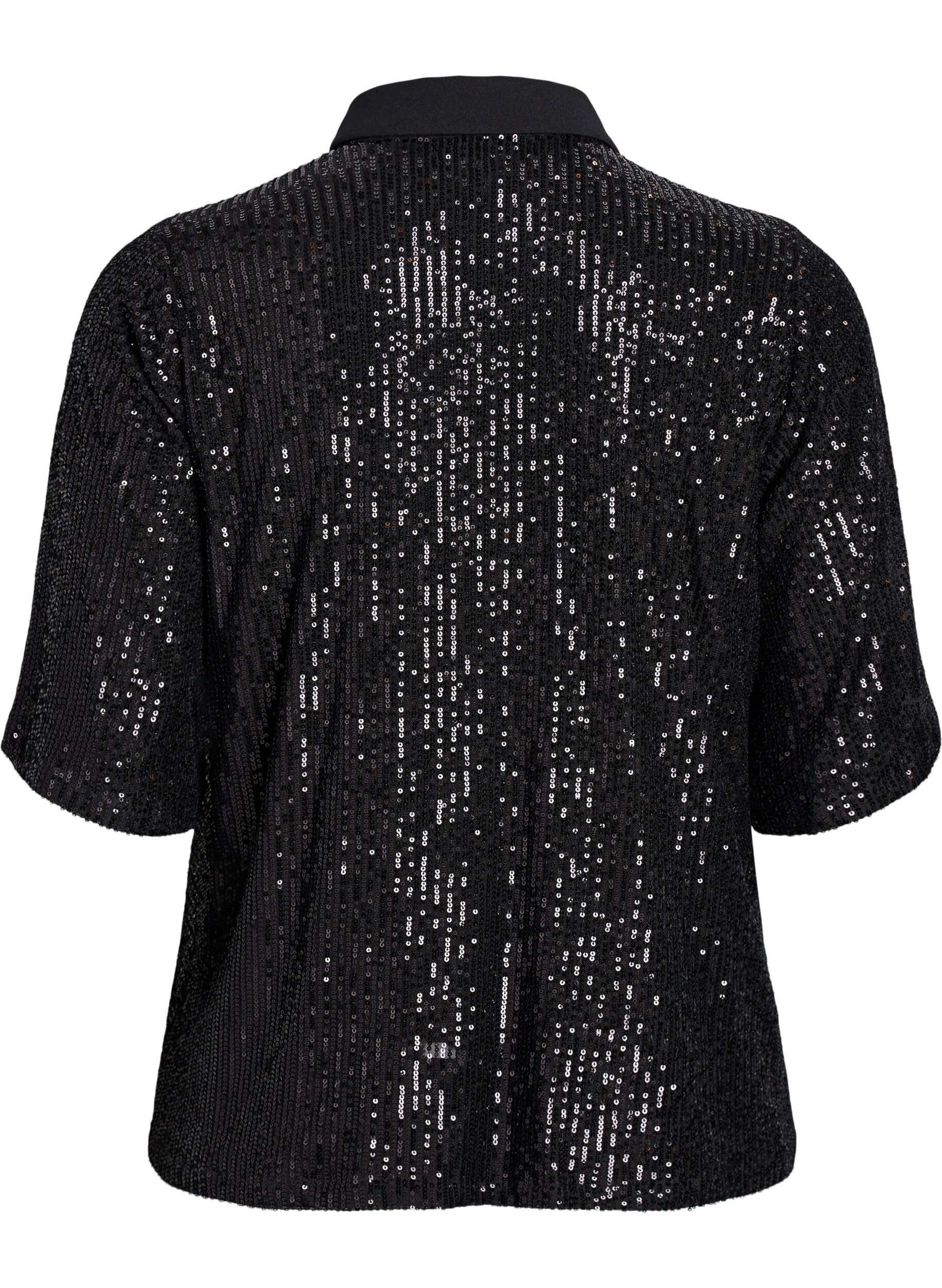 ZizziSequinblouse met polokraag en korte mouwen, Zwart, Packshot image number 1