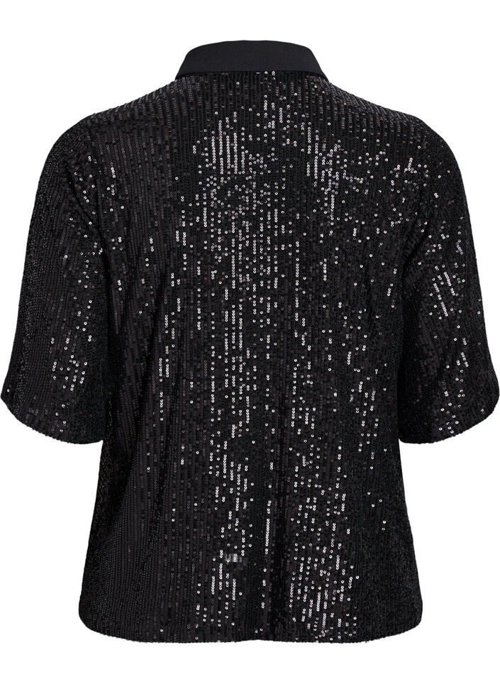 Blouse à paillettes avec col polo et manches courtes, Noir, Packshot image number 1